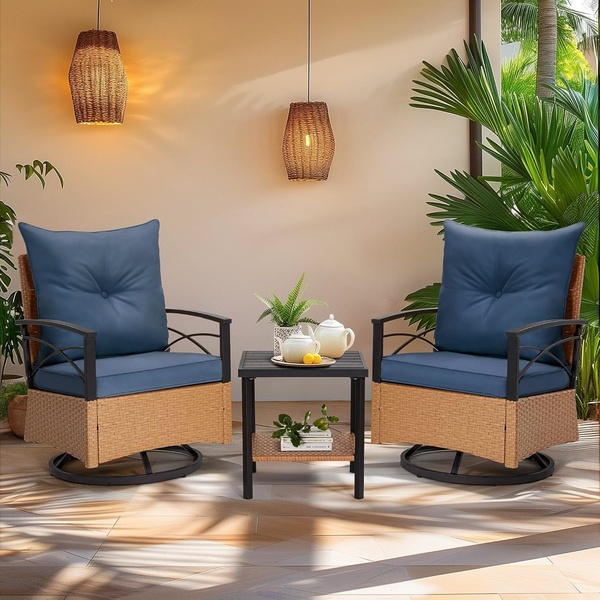 patio chair set, outdoor swivel chairs, wicker patio set, patio bistro set, outdoor furniture, garden chairs, product demo, lifestyle, calm, warm, neutral, blue, brown